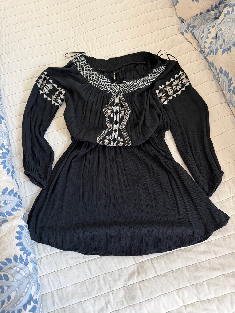 Rip Curl Black Boho Embroidered off shoulder mini dress or  Peasant Top